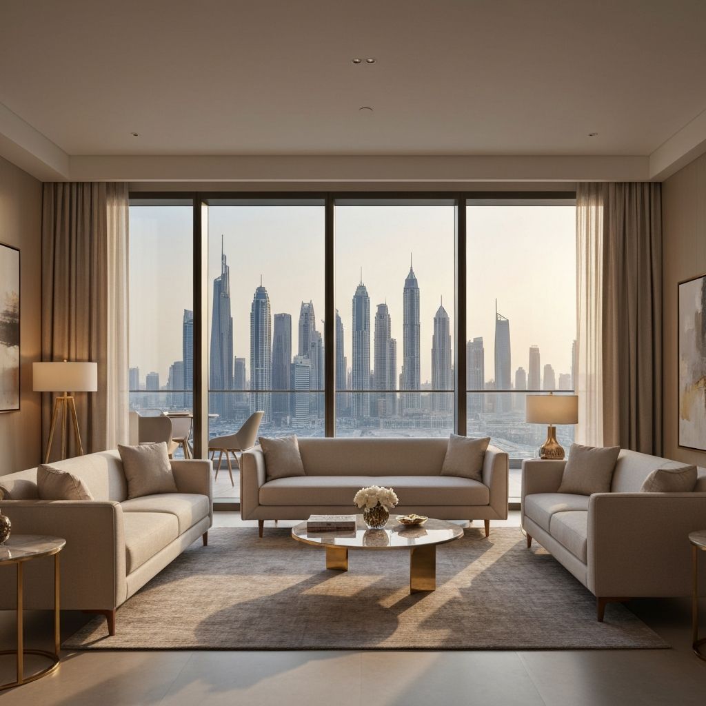 Luxury branded residence interior with panoramic views